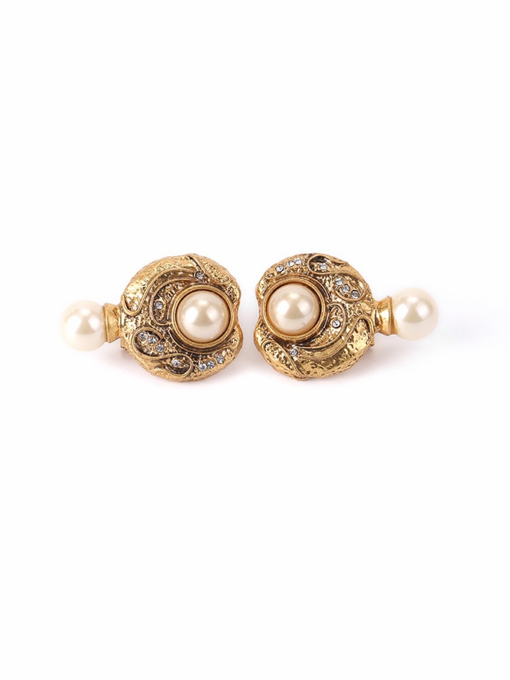 Gold Pearl and Crystal Vintage-Style Clip Earrings